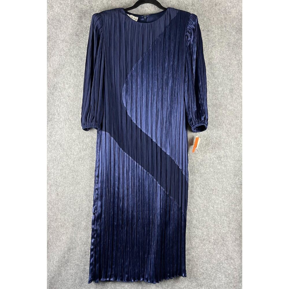 Vintage Morton Myles Pleated Dress Womens 14 Blue Sheath Midi USA Made 80s‎ NEW
